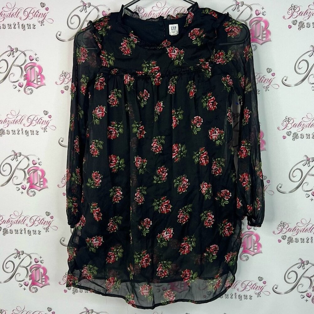 GAP dress roses flowers ruffle bubble sleeve Black Floral Sheer Blouse